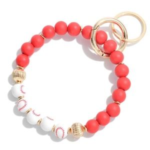 Red White Baseball Wood Beaded Bangle Key Ring Keychain